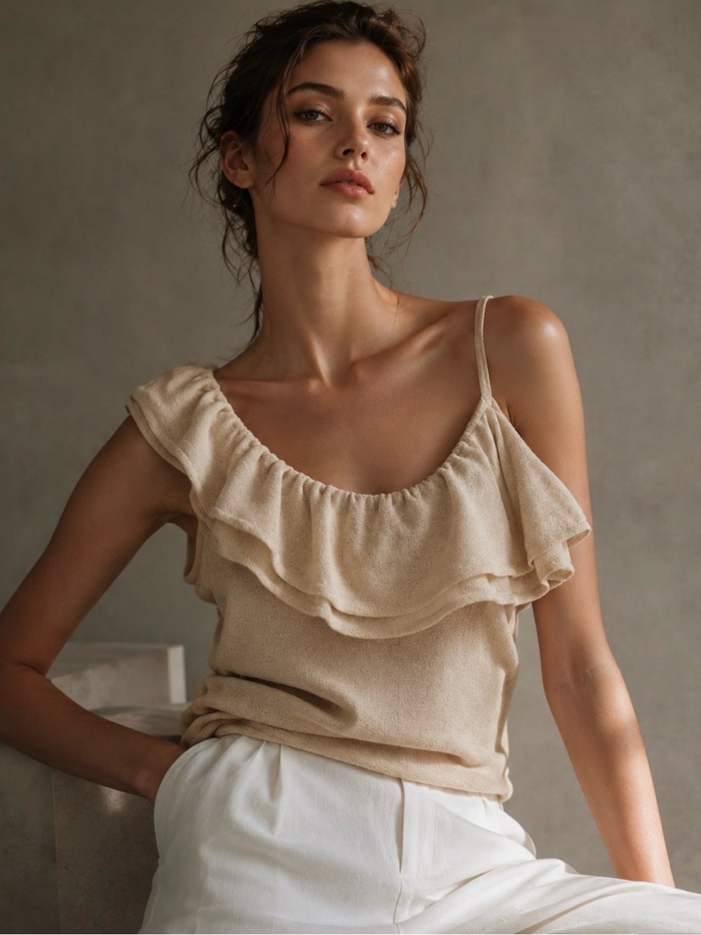 Zara Cream Ruffle One-Shoulder Camisole